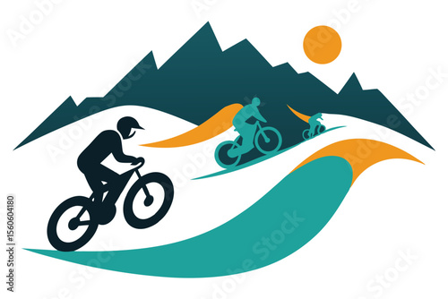 Mountain Trail Biking Vector – Dynamic Riders on Switchbacks with Dust and Action Effects.