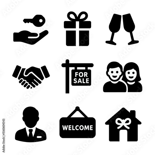 New Home Celebration Icons. Solid, filled icon set of new homeowners celebration: key handover, housewarming gift, champagne