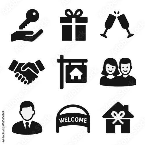 New Home Celebration Icons. Solid, filled icon set of new homeowners celebration: key handover, housewarming gift, champagne