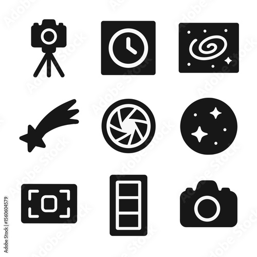 Night Sky Icons. Solid, filled icon set of night sky photography: camera on tripod, long exposure icon, galaxy frame, shooting