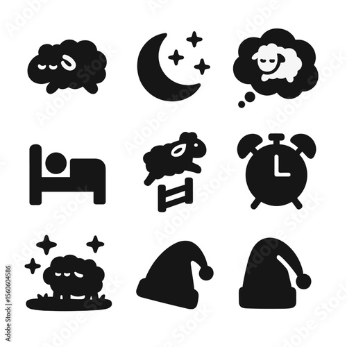 Night Scene Icons. Solid, filled icon set of night scenes with sheep: sleeping sheep, crescent moon, stars, dream cloud, bed,