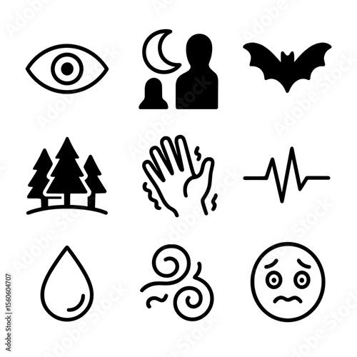 Nocturnal Fear Icons. Outline icon set of nocturnal fear: wide-open eye, moonlit shadow, dark forest, bat silhouette, trembling