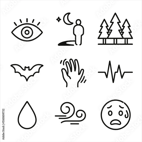 Nocturnal Fear Icons. Outline icon set of nocturnal fear: wide-open eye, moonlit shadow, dark forest, bat silhouette, trembling