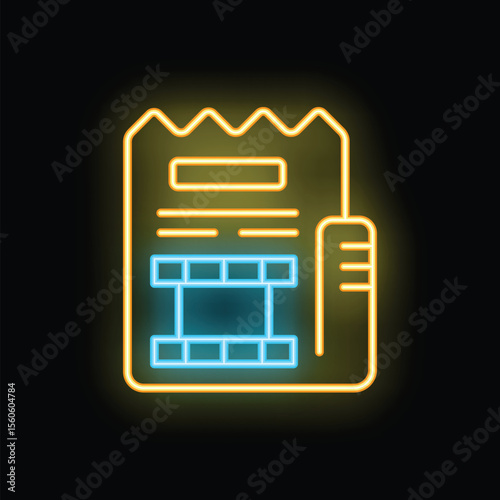Glowing neon line icon of a movie ticket, pass, or document for entry