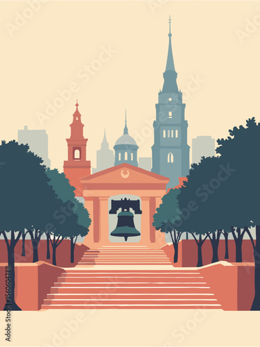 Philadelphia landmarks including the Liberty Bell, Independence Hall, and Rocky Steps in brick red, parchment, colonial blue, and black