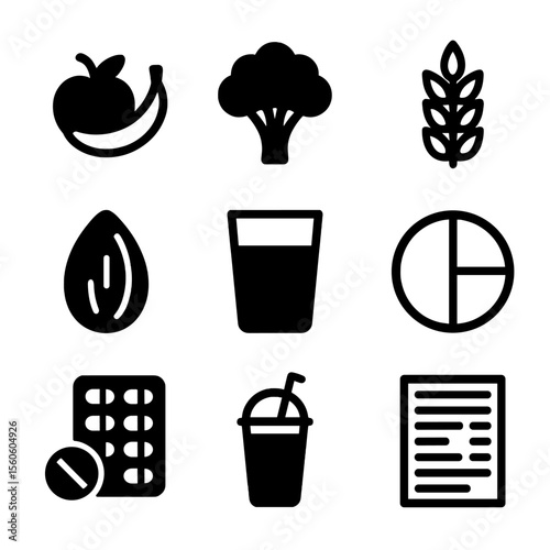 Nutrition Icon Grid. Solid, filled icon set of preventive healthcare nutrition: fruits, vegetables, grains, nuts, water glass,