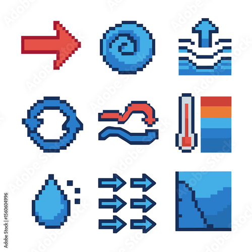 Ocean Currents Icons. Pixel art icon set of ocean currents: Gulf Stream arrow, eddy swirl, upwelling indicator, gyre loop,