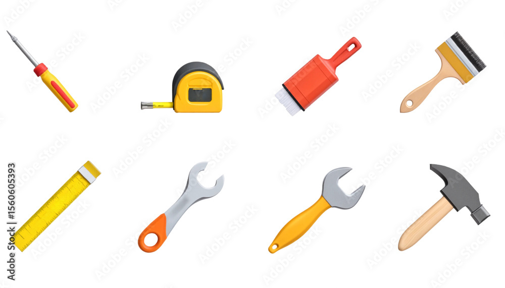 Various construction tools including screwdriver, wrench, and tape measure Various construction tools including screwdriver, wrench, and tape measure