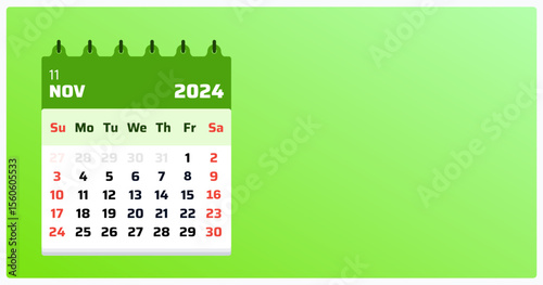 November 2024 calendar. Green calendar landscape. 2024 Weekend starting from sunday. Calendar date layout for November 2024. Vector illustration.