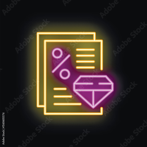 Neon icon glowing on a dark background representing a diamond certificate with a percentage symbol, symbolizing luxury, value, appraisal, and jewelry insurance
