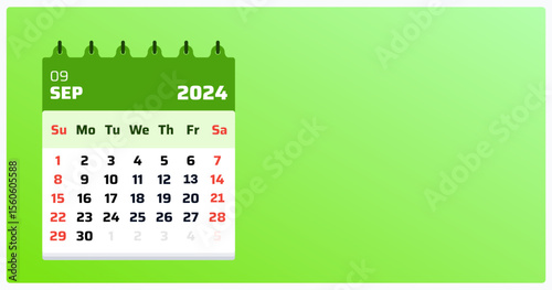 September 2024 calendar. Green calendar landscape. 2024 Weekend formatted sunday and saturday. Monthly layout view for September. Vector illustration.
