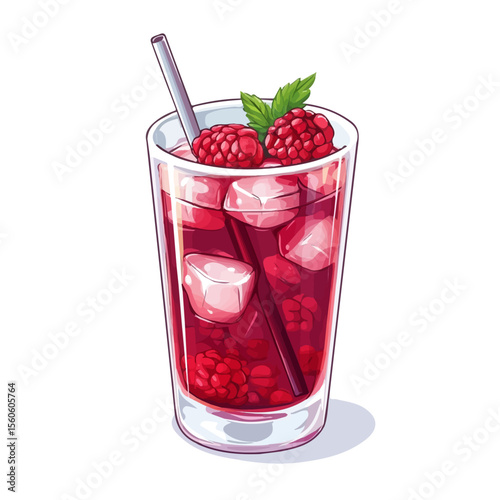 Raspberry Iced Tea, cartoon vector illustration, flat 2D isometric style, white background.
