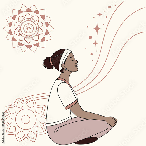 Woman meditating in lotus position with mandalas and sparkles in a serene and peaceful setting