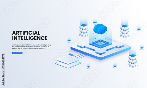 Artificial intelligence brain isometric vector illustration. Human brain with technology chip. good for website, banner and landing page.