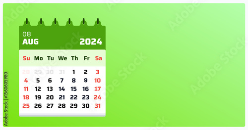 
August 2024 calendar. Green calendar landscape. 2024 Weekend follows sunday-saturday. August calendar layout design. Vector illustration.
