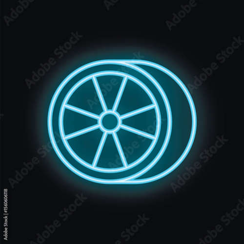 Blue neon sign depicting a simple car wheel with tire, glowing on a black background