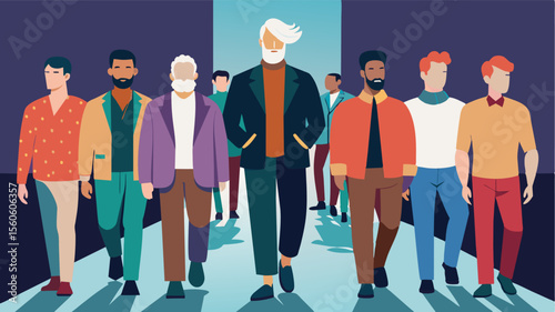 A runway show showcasing diverse male models of different ages taking strides towards inclusivity and breaking age barriers in the fashion world.. Vector illustration