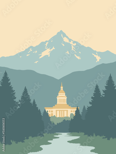 Denver with Rocky Mountains backdrop, Colorado State Capitol, and skyline in mountain gray, dusty blue, pine green, and soft gold