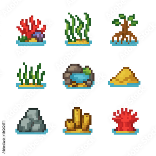 Ocean Ecosystem Icons. Pixel art icon set of ocean ecosystems: coral reef, kelp forest, mangrove roots, seagrass bed, tidal pool,