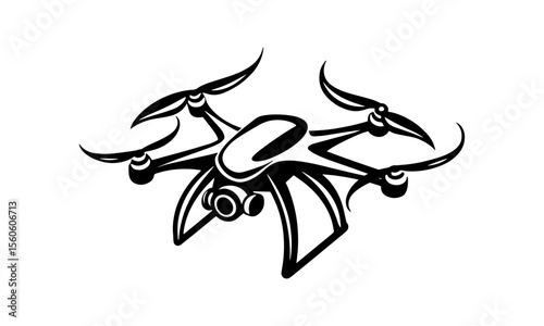 Vector silhouette of a drone with camera. Quadcopter icon, drone symbol logo.