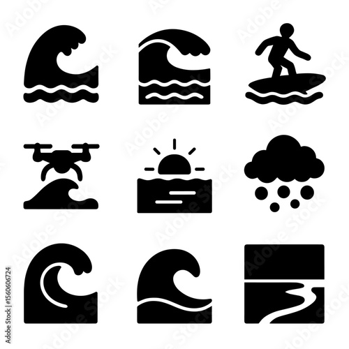Ocean Photography Icons. Solid, filled icon set of ocean photography moments: wave crash shot, underwater wave, surf silhouette,