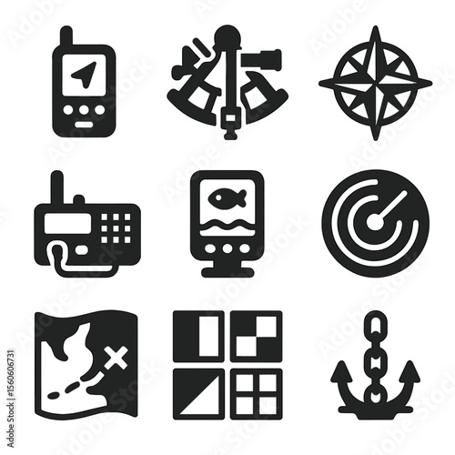 Ocean Navigation Icons. Solid, filled icon set of ocean navigation tools: GPS device, sextant, compass rose, marine radio, depth