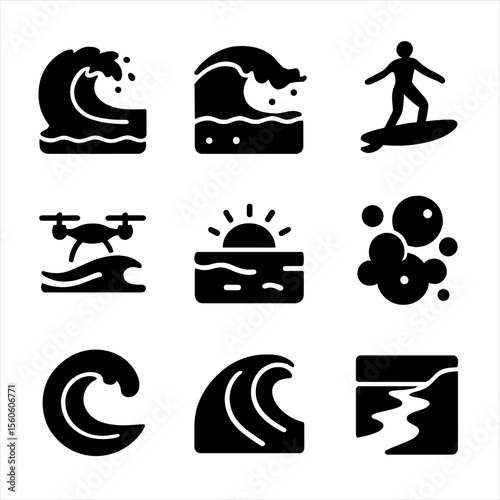 Ocean Photography Icons. Solid, filled icon set of ocean photography moments: wave crash shot, underwater wave, surf silhouette,