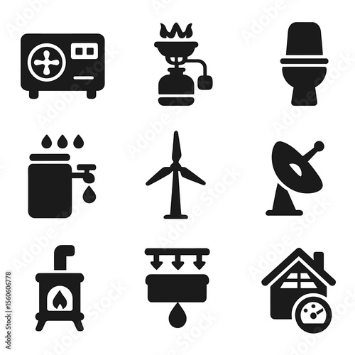 Off-Grid Icons. Solid, Filled icon set of off-grid solar homes: backup generator, propane stove, composting toilet, rainwater tank