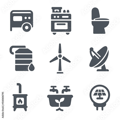 Off-Grid Solar Icons. Flat icon set of off-grid solar homes: backup generator, propane stove, composting toilet, rainwater tank,