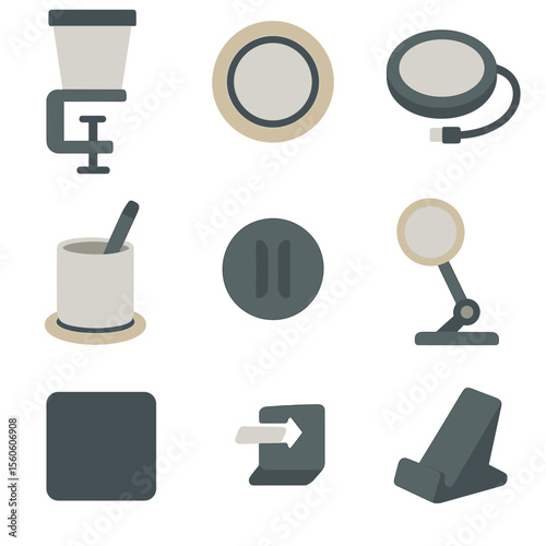 Office Desk Accessories. Flat icon set of office desk cup stands: desk clamp holder, coaster ring, USB heated coaster, pen holder
