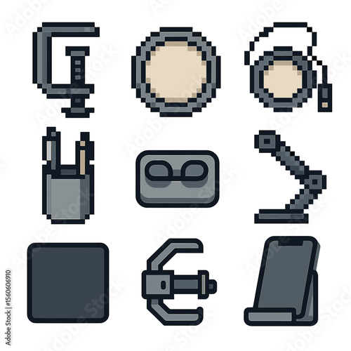 Office Desk Icon Set. Pixel art icon set of office desk cup stands: desk clamp holder, coaster ring, USB heated coaster, pen