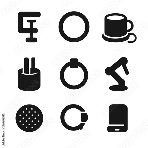 Office Desk Icon Set. Solid, Filled icon set of office desk cup stands: desk clamp holder, coaster ring, USB heated coaster, pen