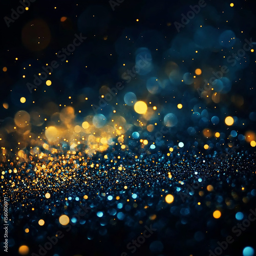 Elegant abstract bokeh background of sparkling blue and gold glittering lights.