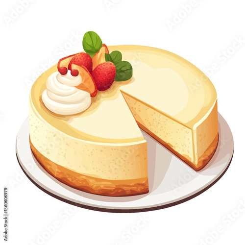 Ricotta Cheesecake, flat 2D isometric cartoon vector image isolated on white background.