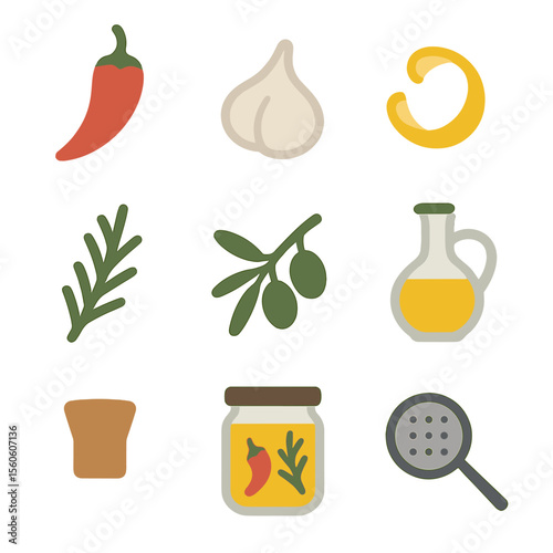 Oil Infusion Icons. Flat icon set of oil fruit infusions: chili pepper, garlic clove, lemon peel, rosemary sprig, olive branch,