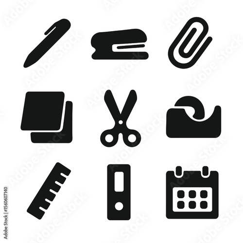 Office Supplies Icons. Solid, filled icon set of office supplies: pen, stapler, paperclip, sticky notes, scissors, tape dispenser,