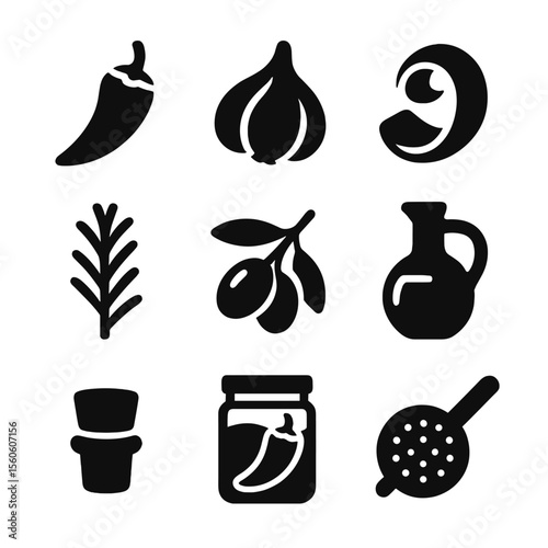 Oil Infusion Icons. Solid, Filled icon set of oil fruit infusions: chili pepper, garlic clove, lemon peel, rosemary sprig, olive