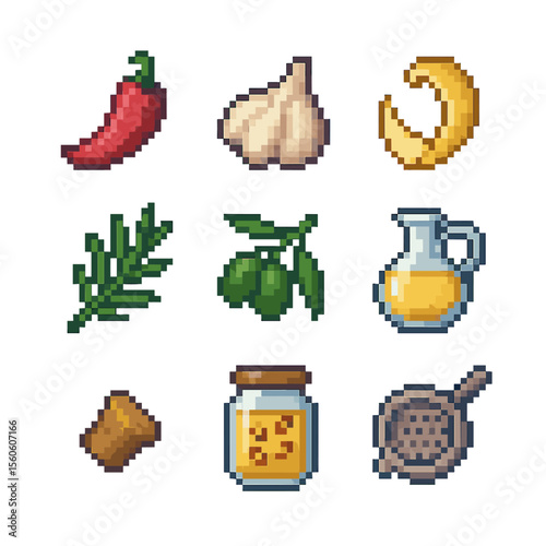 Oil Infusion Ingredients. Pixel art icon set of oil fruit infusions: chili pepper, garlic clove, lemon peel, rosemary sprig, olive