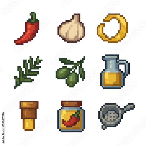 Oil Infusion Ingredients. Pixel art icon set of oil fruit infusions: chili pepper, garlic clove, lemon peel, rosemary sprig, olive