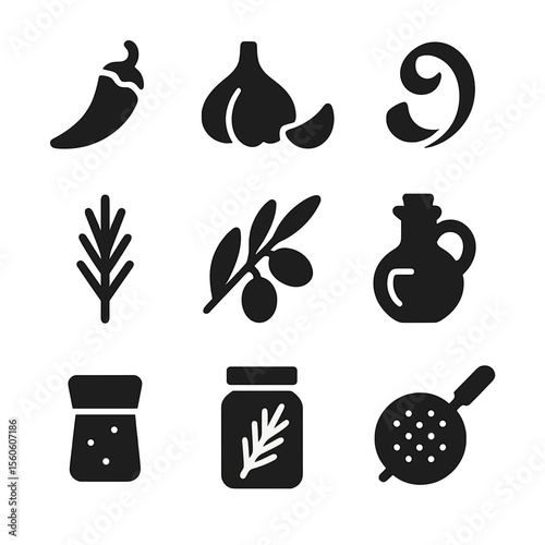 Oil Infusion Icons. Solid, Filled icon set of oil fruit infusions: chili pepper, garlic clove, lemon peel, rosemary sprig, olive