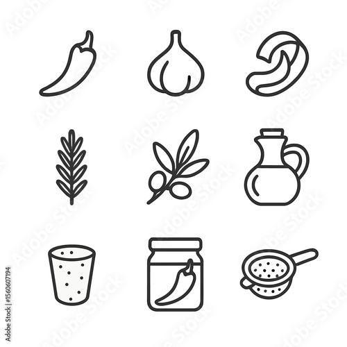Oil Infusion Icons. Outline icon set of oil fruit infusions: chili pepper, garlic clove, lemon peel, rosemary sprig, olive branch,