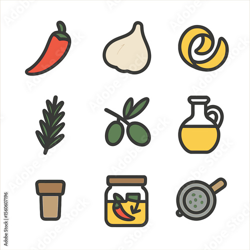 Oil Infusion Icons. Flat icon set of oil fruit infusions: chili pepper, garlic clove, lemon peel, rosemary sprig, olive branch,
