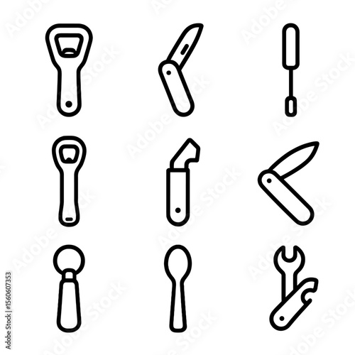 Opening Tools Icons. Outline icon set of opening tools: church key opener, Swiss army tool, flat-head screwdriver, bottle opener,