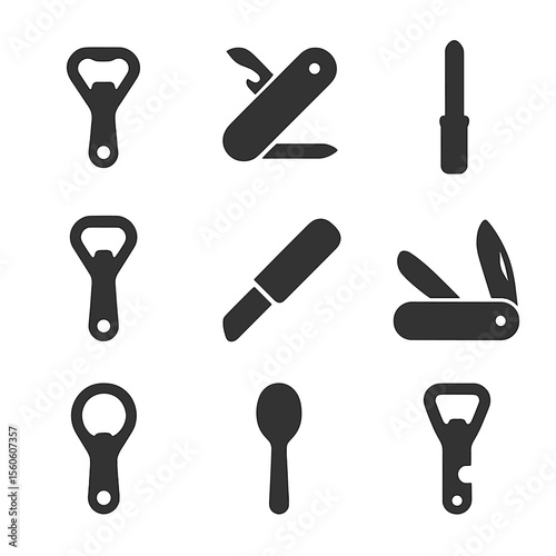 Opening Tools Icons. Flat icon set of opening tools: church key opener, Swiss army tool, flat-head screwdriver, bottle opener,