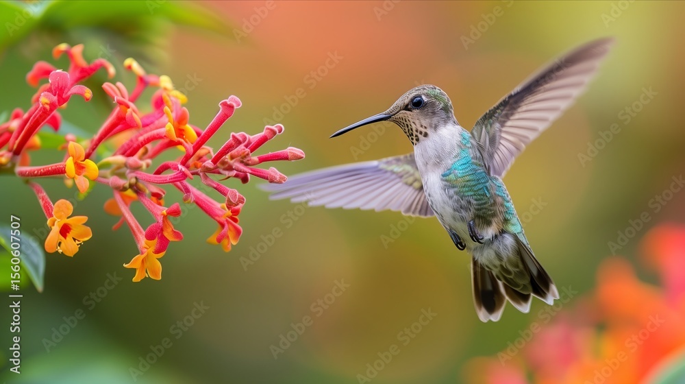 Fototapeta premium A vibrant hummingbird hovering near bright flowers in a colorful garden, capturing nature's beauty in action.