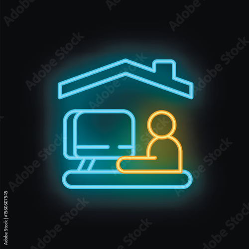 Neon sign icon of a person working remotely on a desktop computer under the roof of a house