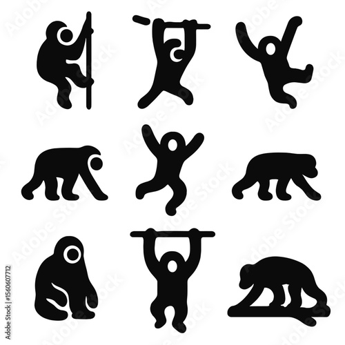 Orangutan Icon Grid. Solid, filled icon set of orangutan movement: climbing rope, tree branch, swinging, walking on ground,