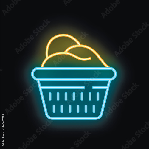 Neon laundry basket full of clothes, glowing on a black background, concept of laundry service or housework