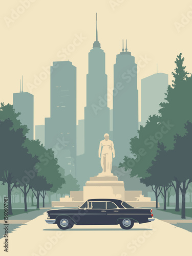 Detroit with Renaissance Center, Spirit of Detroit statue, and classic car elements in steel gray, green, black, and beige