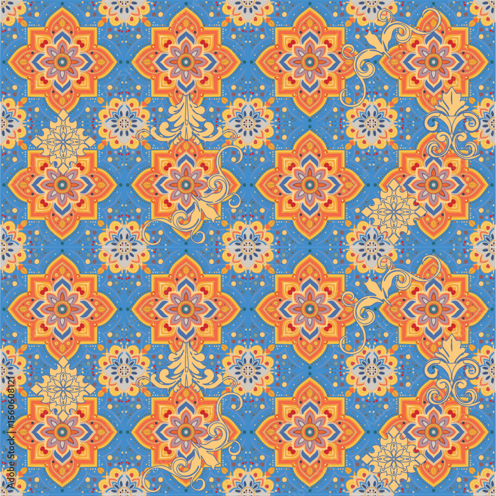 print with beautiful flower cluster and Arabic geometric elements